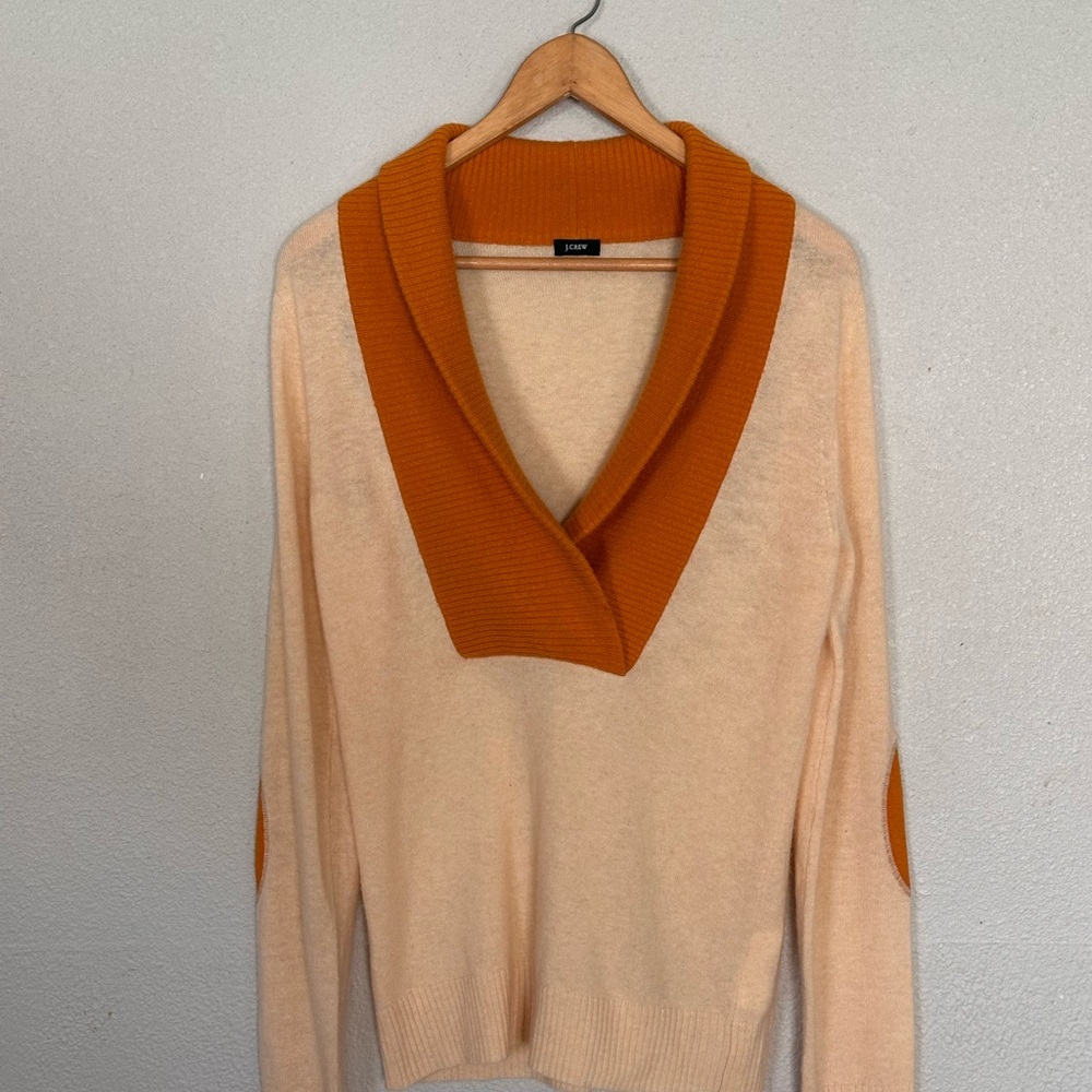 J. Crew V-Neck Cashmere Sweater in Cream and Orange